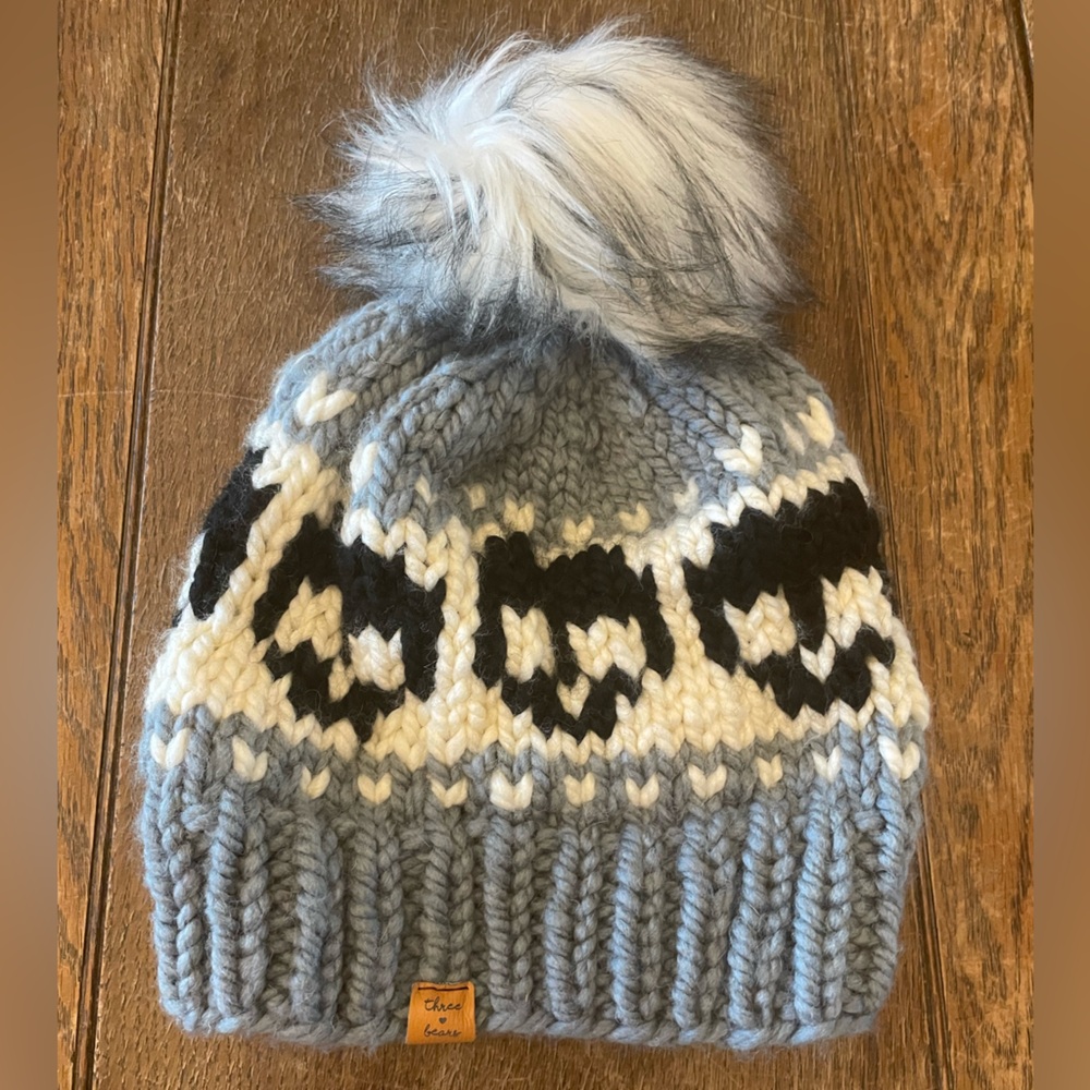 Light blue Knit Pom Beanie with Black Skull Pattern